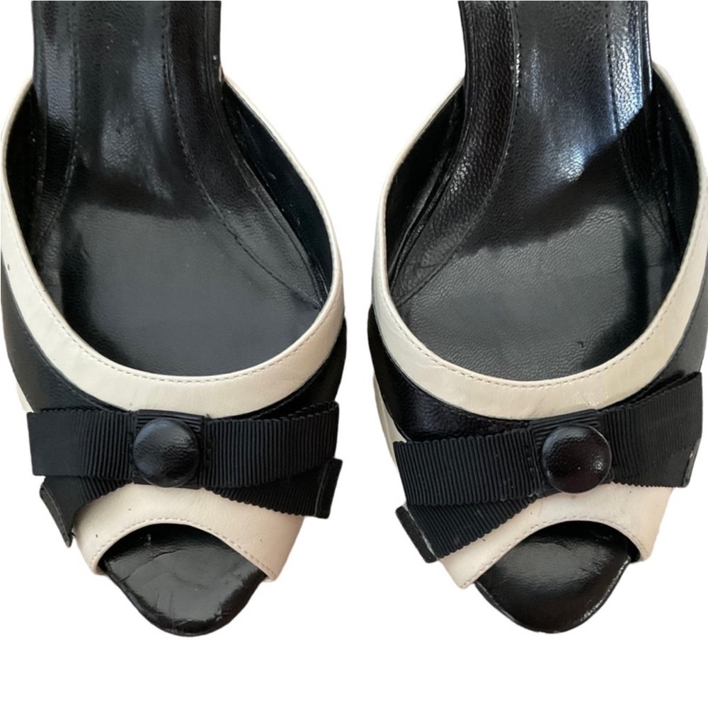 Alfani Black and White Leather Peep-Toe Heels with Slingback Strap - Picture 5 of 9